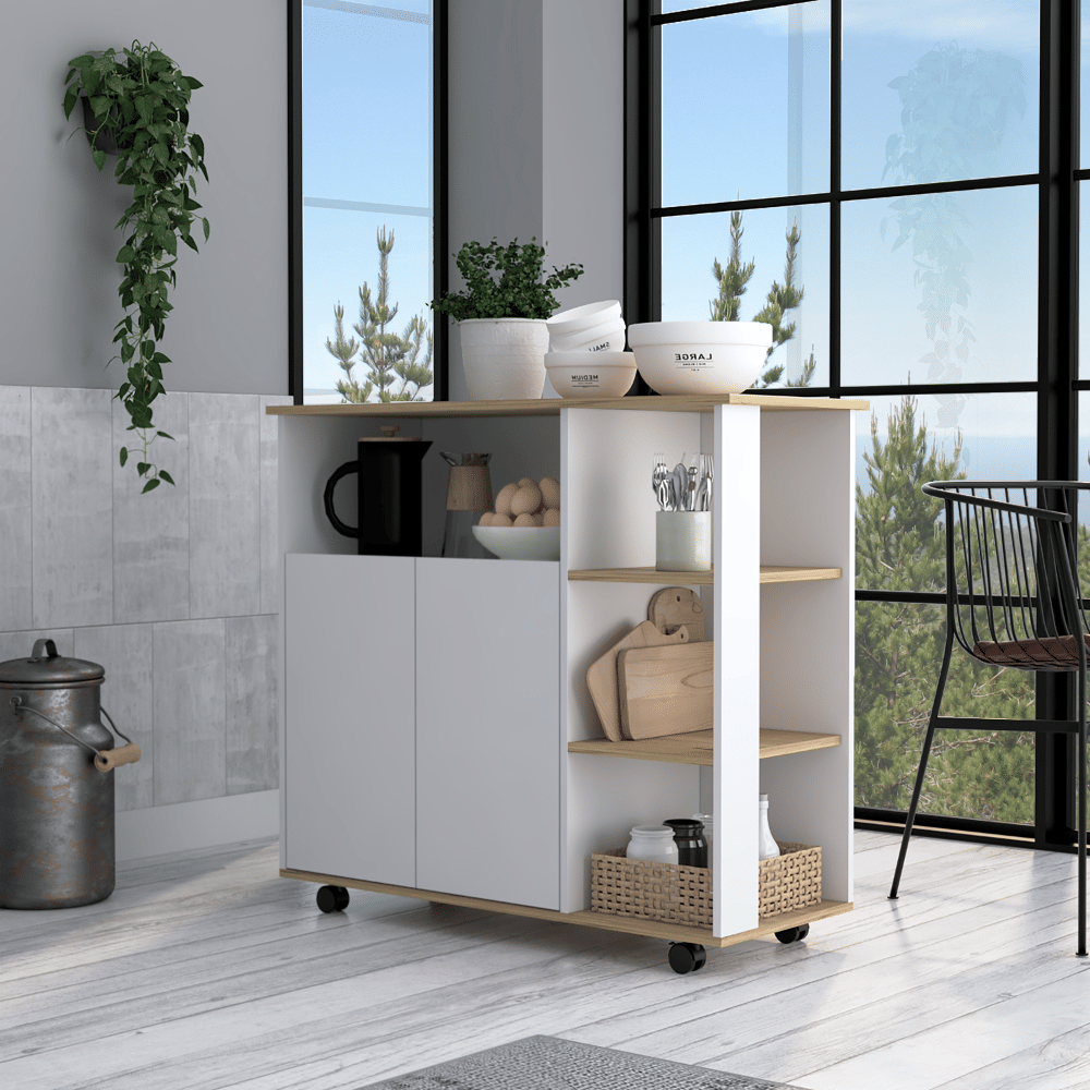 Kitchen Cart 35" H, Four Open Shelves, Double Door Cabinet, Four Casters - Light Oak/White image 1