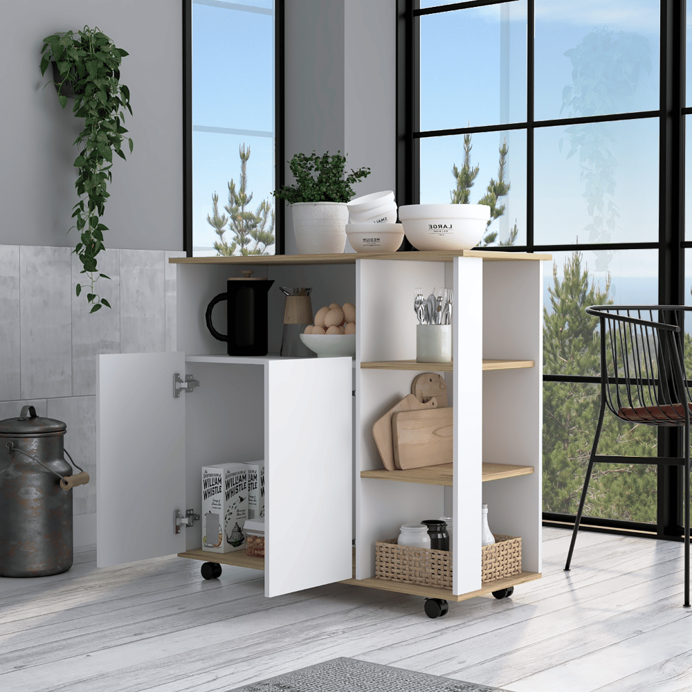 Kitchen Cart 35" H, Four Open Shelves, Double Door Cabinet, Four Casters - Light Oak/White image 2