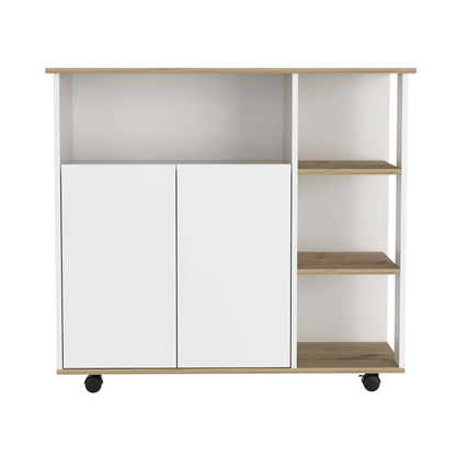 Kitchen Cart 35" H, Four Open Shelves, Double Door Cabinet, Four Casters - Light Oak/White image 3
