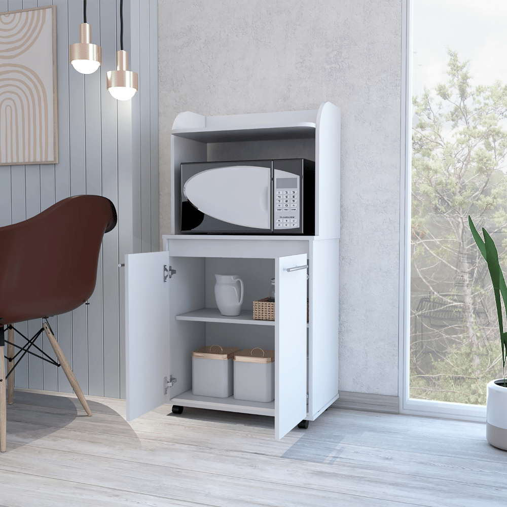 Kitchen Cart 49" H, Two Door Cabinet, One Open Shelf, Two Interior Shelves, White image 2