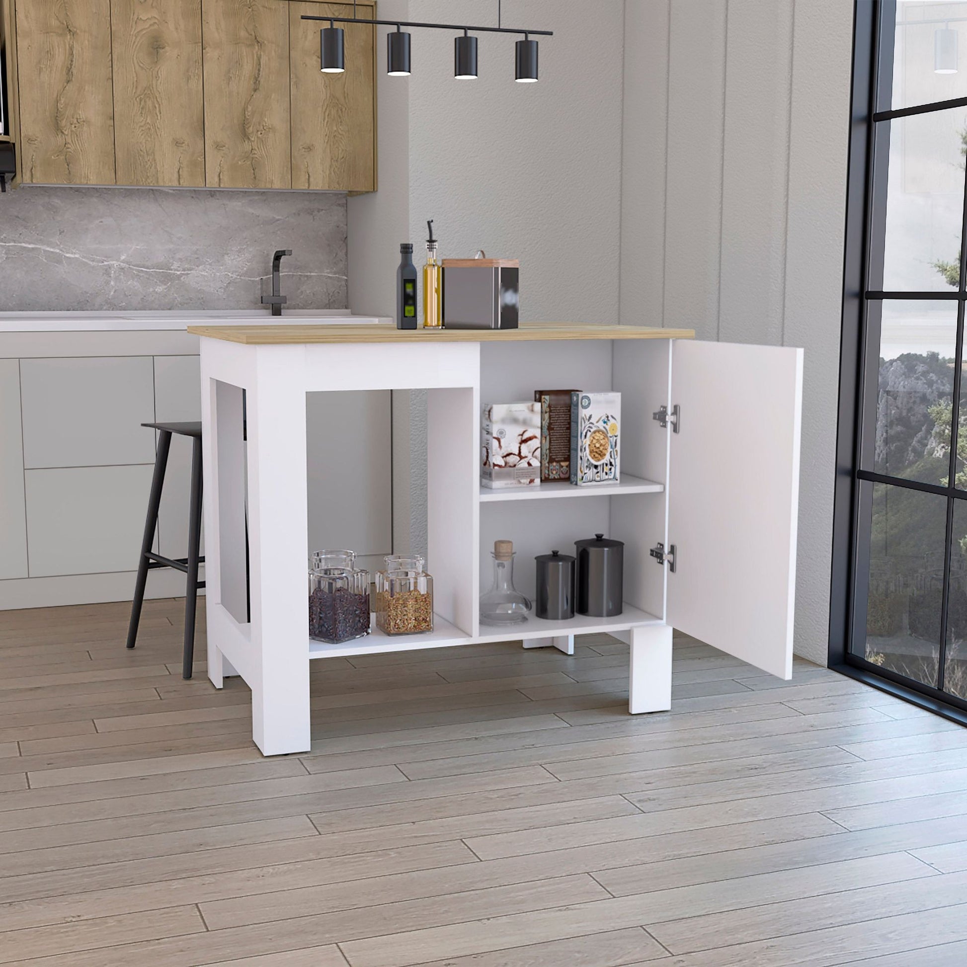 Kitchen Island 35" H, One Storage Cabinet with Door, Two Internal Shelves, One Open storage Shelf, White/Macadamia image 2
