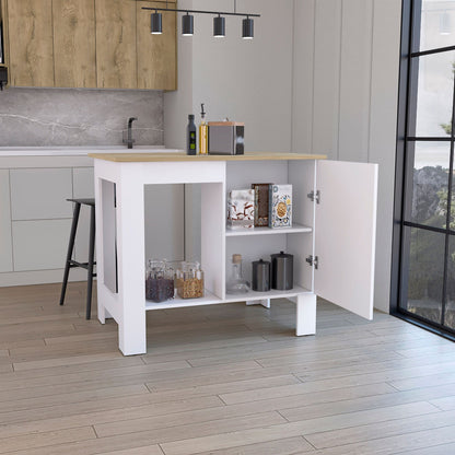 Kitchen Island 35" H, One Storage Cabinet with Door, Two Internal Shelves, One Open storage Shelf, White/Macadamia image 2
