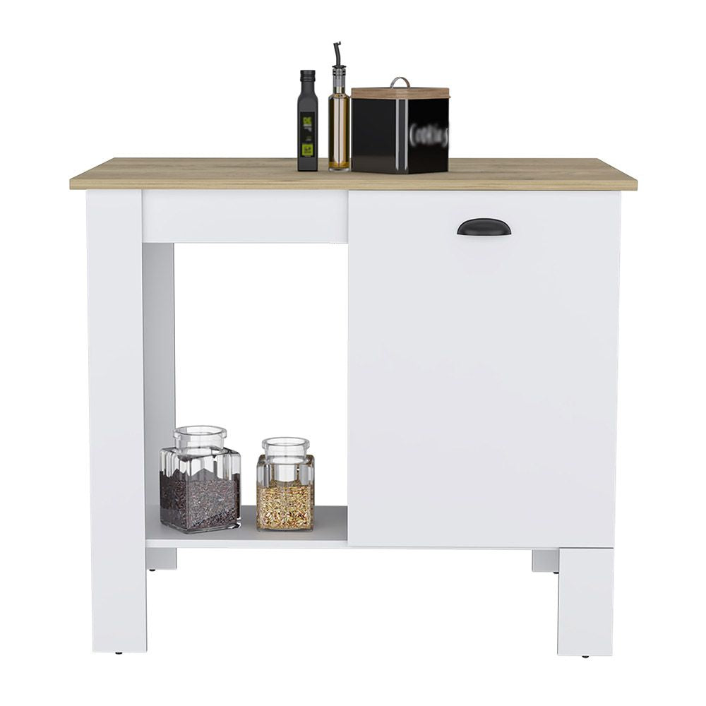 Kitchen Island 35" H, One Storage Cabinet with Door, Two Internal Shelves, One Open storage Shelf, White/Macadamia image 6