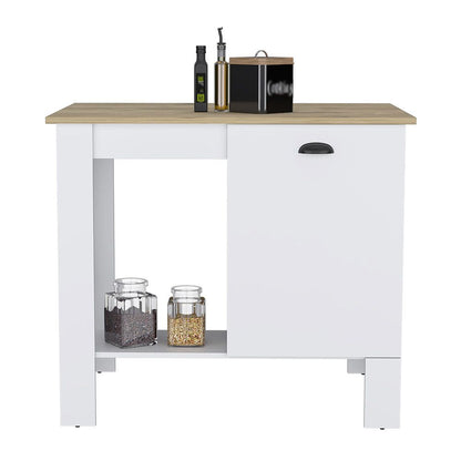 Kitchen Island 35" H, One Storage Cabinet with Door, Two Internal Shelves, One Open storage Shelf, White/Macadamia image 6