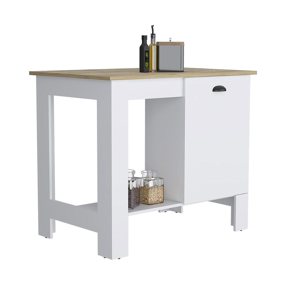 Kitchen Island 35" H, One Storage Cabinet with Door, Two Internal Shelves, One Open storage Shelf, White/Macadamia image 4