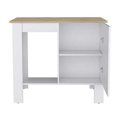 Kitchen Island 35" H, One Storage Cabinet with Door, Two Internal Shelves, One Open storage Shelf, White/Macadamia image 5