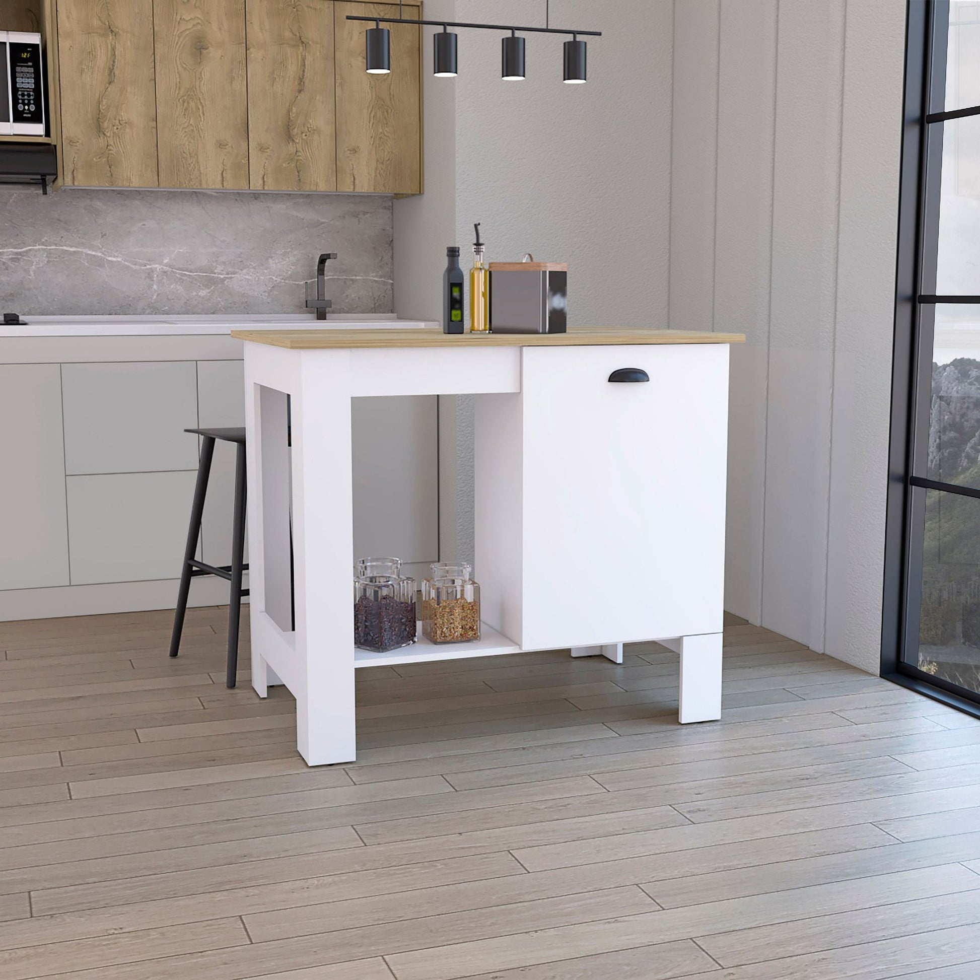 Kitchen Island 35" H, One Storage Cabinet with Door, Two Internal Shelves, One Open storage Shelf, White/Macadamia image 1