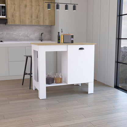 Kitchen Island 35" H, One Storage Cabinet with Door, Two Internal Shelves, One Open storage Shelf, White/Macadamia image 1