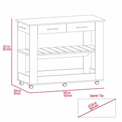 Kitchen Island 36" H, Six Casters, Two Drawers, Two Open Storage Shelves, Towel Hanger, White/Light Oak image 5