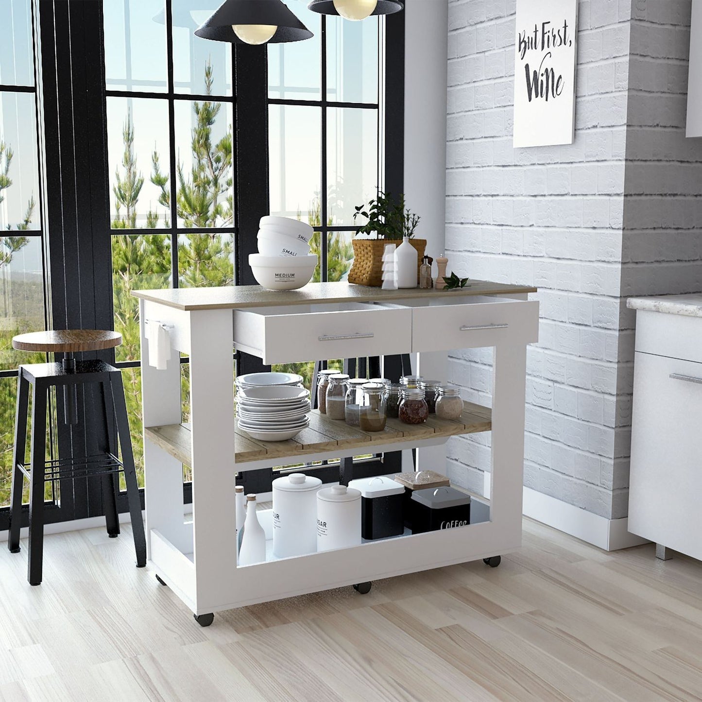 Kitchen Island 36" H, Six Casters, Two Drawers, Two Open Storage Shelves, Towel Hanger, White/Light Oak image 2