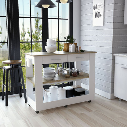 Kitchen Island 36" H, Six Casters, Two Drawers, Two Open Storage Shelves, Towel Hanger, White/Light Oak image 1