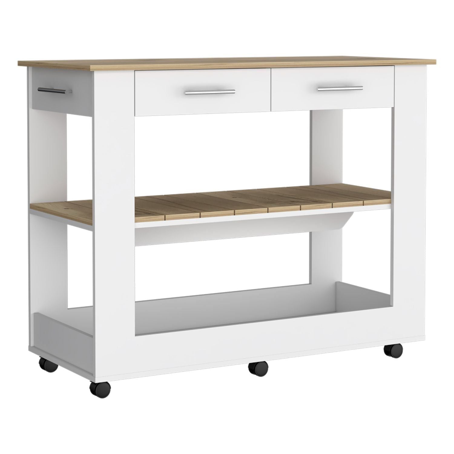 Kitchen Island 36" H, Six Casters, Two Drawers, Two Open Storage Shelves, Towel Hanger, White/Light Oak image 3