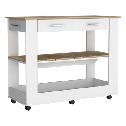Kitchen Island 36" H, Six Casters, Two Drawers, Two Open Storage Shelves, Towel Hanger, White/Light Oak image 3