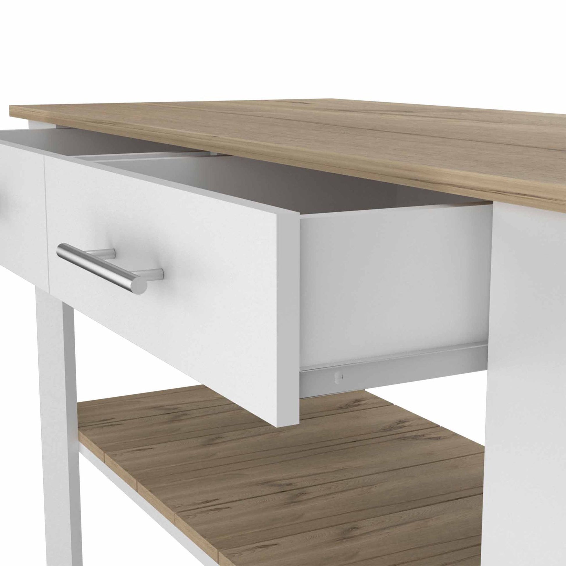 Kitchen Island 36" H, Six Casters, Two Drawers, Two Open Storage Shelves, Towel Hanger, White/Light Oak image 6
