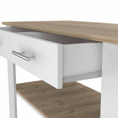 Kitchen Island 36" H, Six Casters, Two Drawers, Two Open Storage Shelves, Towel Hanger, White/Light Oak image 6
