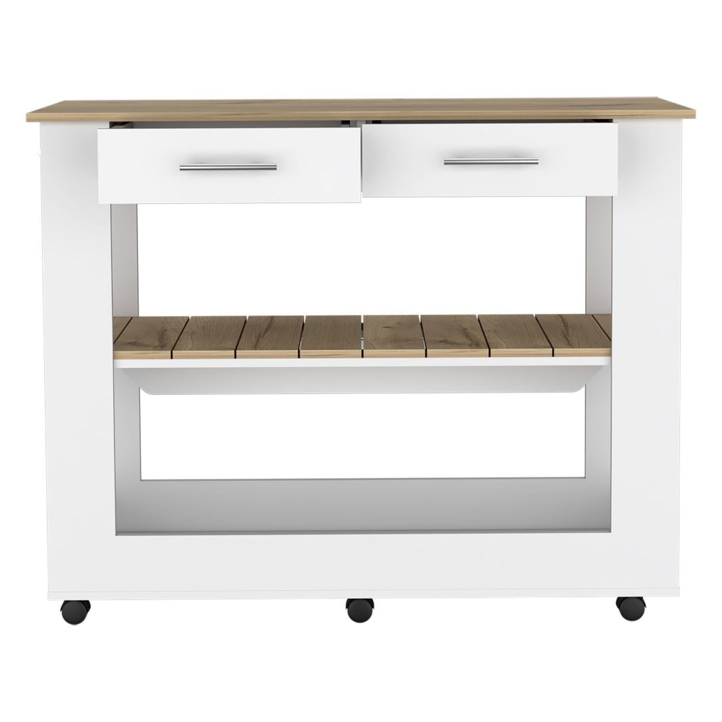 Kitchen Island 36" H, Six Casters, Two Drawers, Two Open Storage Shelves, Towel Hanger, White/Light Oak image 4