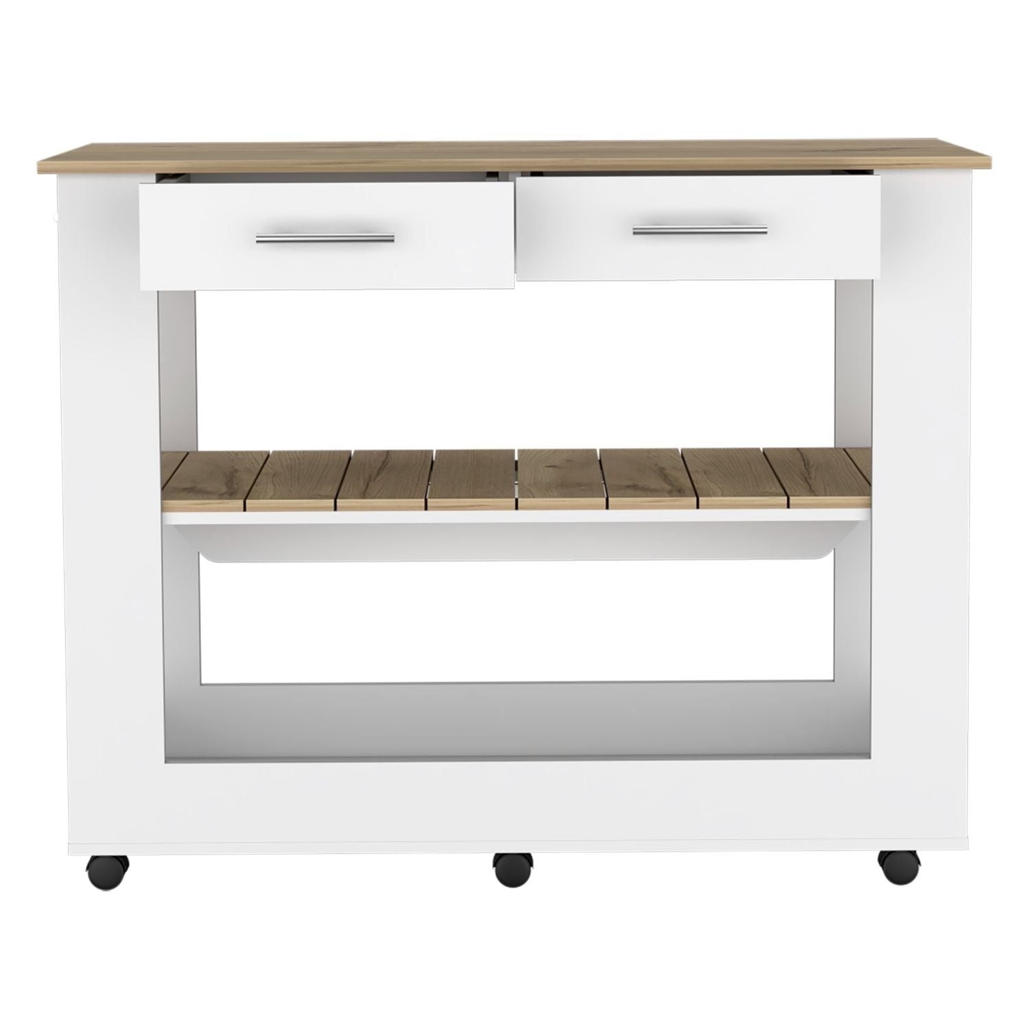 Kitchen Island 36" H, Six Casters, Two Drawers, Two Open Storage Shelves, Towel Hanger, White/Light Oak image 4