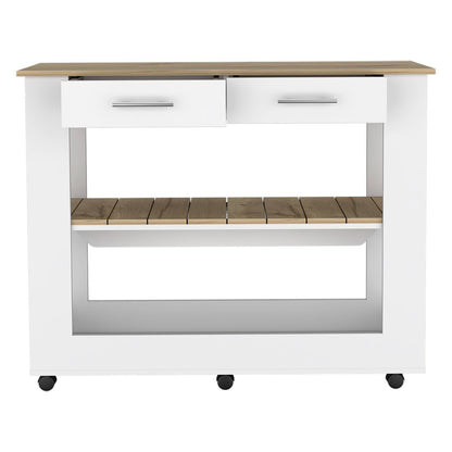 Kitchen Island 36" H, Six Casters, Two Drawers, Two Open Storage Shelves, Towel Hanger, White/Light Oak image 4