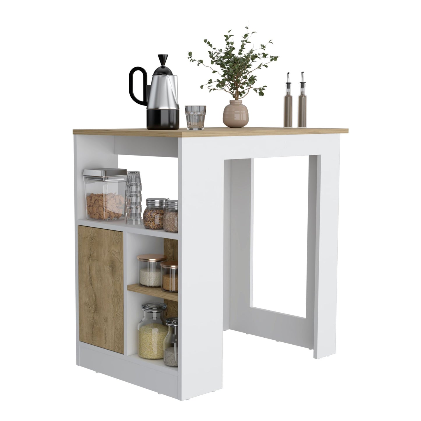 Kitchen Island 36" H, Three Open Side Storage Shelves and One Push-to-Open Cabinet, White/Macadamia image 4