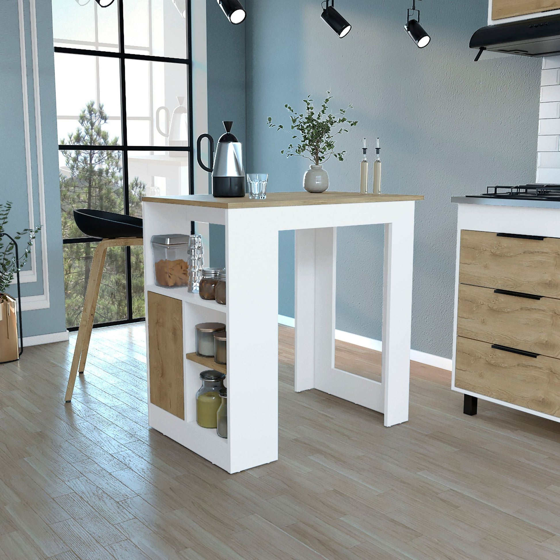 Kitchen Island 36" H, Three Open Side Storage Shelves and One Push-to-Open Cabinet, White/Macadamia image 1
