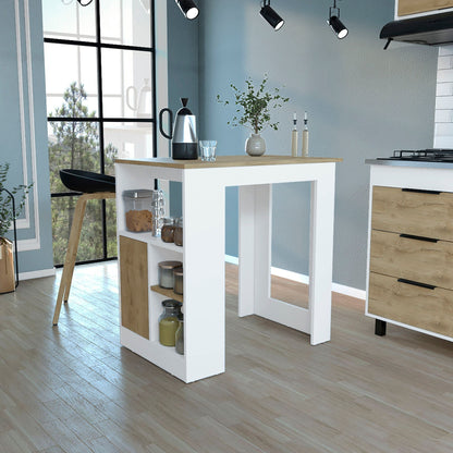 Kitchen Island 36" H, Three Open Side Storage Shelves and One Push-to-Open Cabinet, White/Macadamia image 1