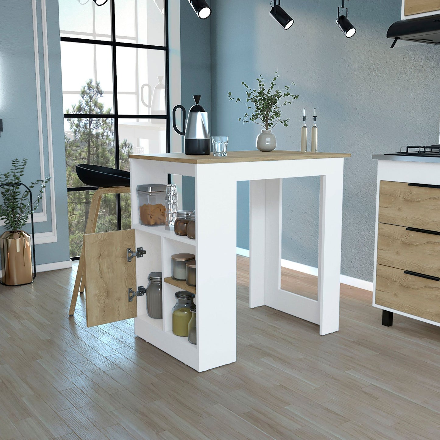 Kitchen Island 36" H, Three Open Side Storage Shelves and One Push-to-Open Cabinet, White/Macadamia image 2