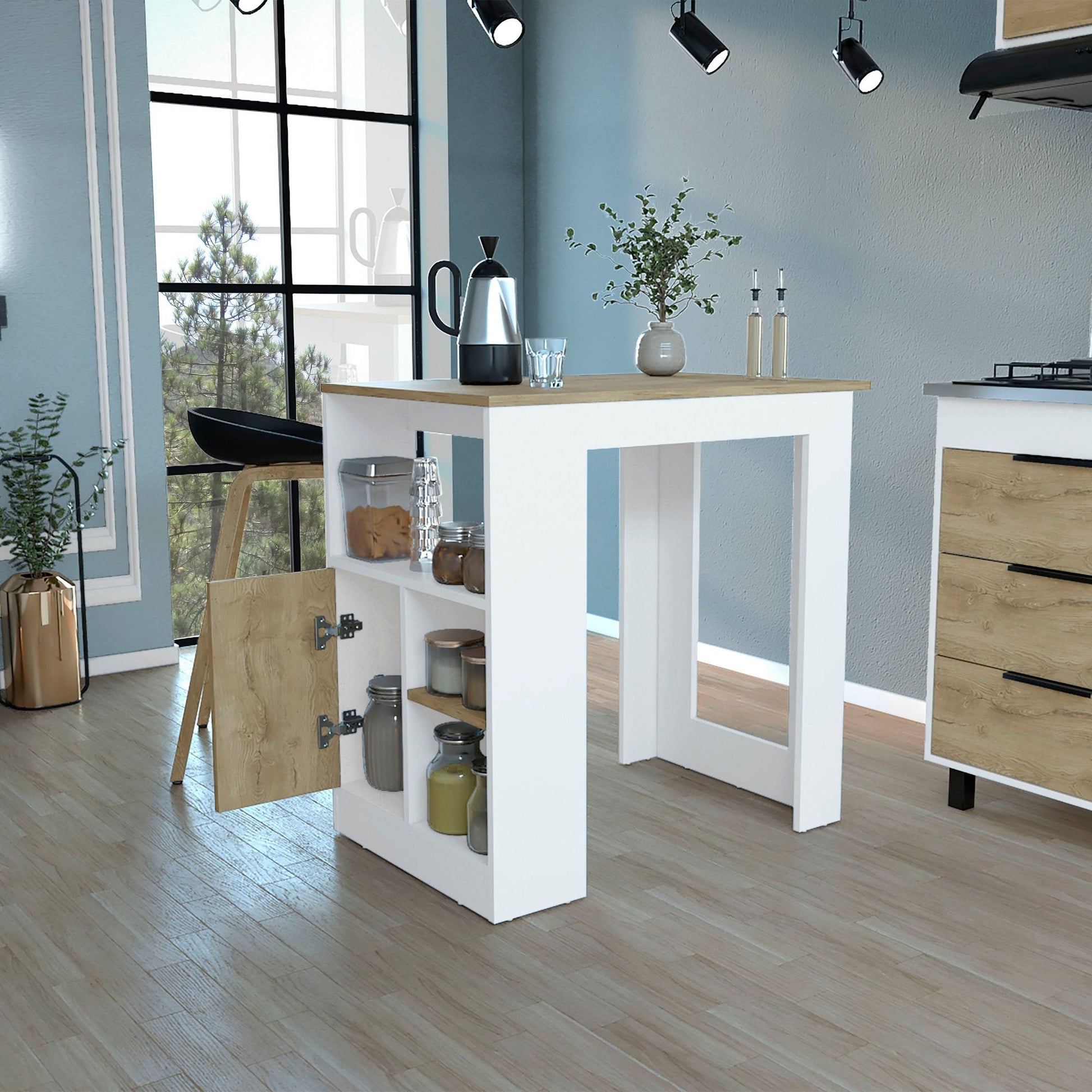 Kitchen Island 36" H, Three Open Side Storage Shelves and One Push-to-Open Cabinet, White/Macadamia image 2