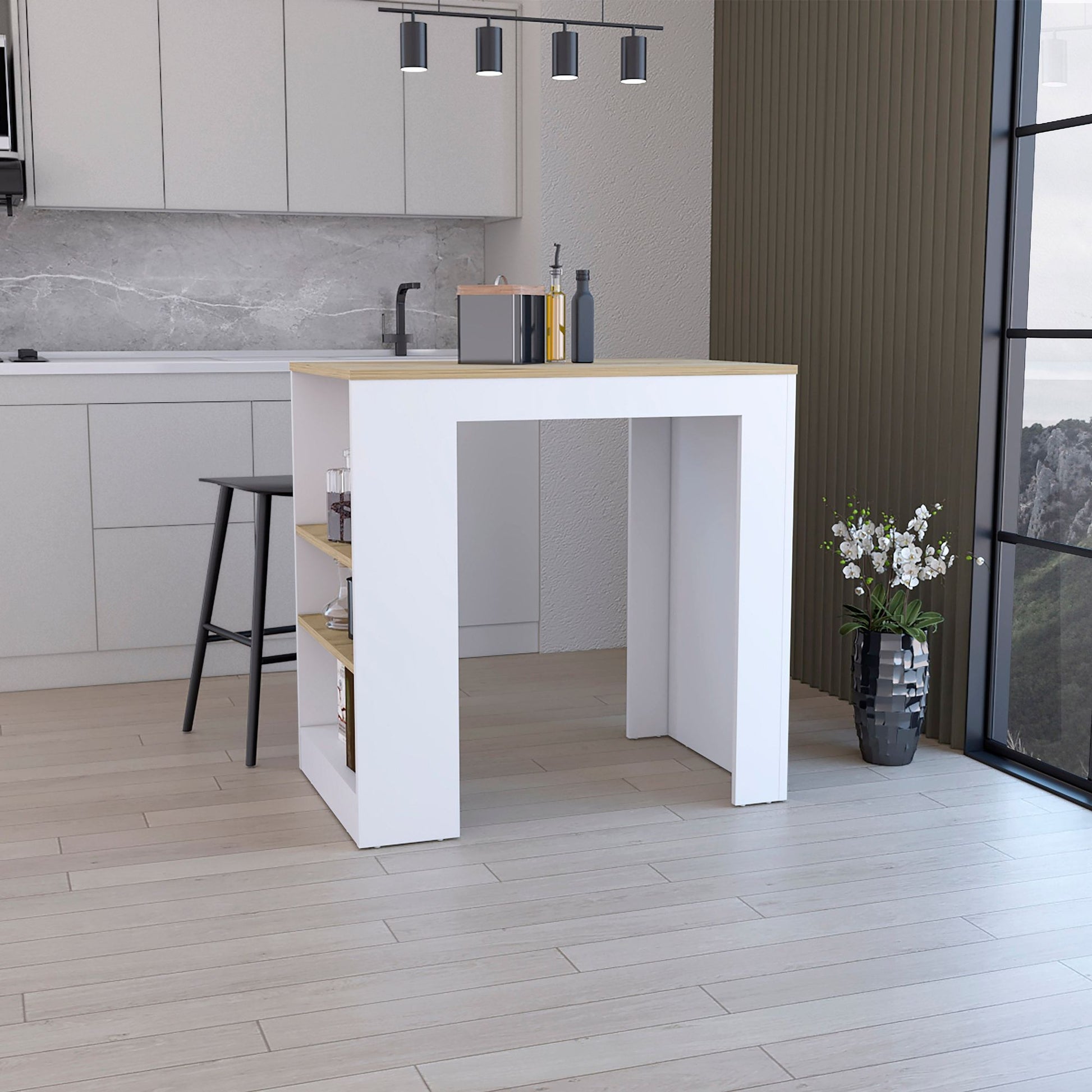 Kitchen Island, Kitchen Bar Table 36" H, with 3-Side Shelves, White / Macadamia image 1