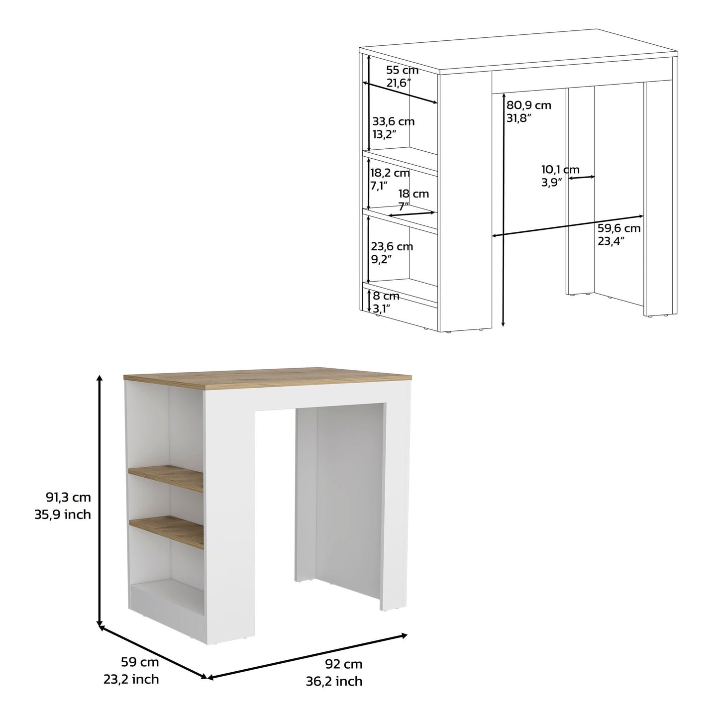Kitchen Island, Kitchen Bar Table 36" H, with 3-Side Shelves, White / Macadamia image 5