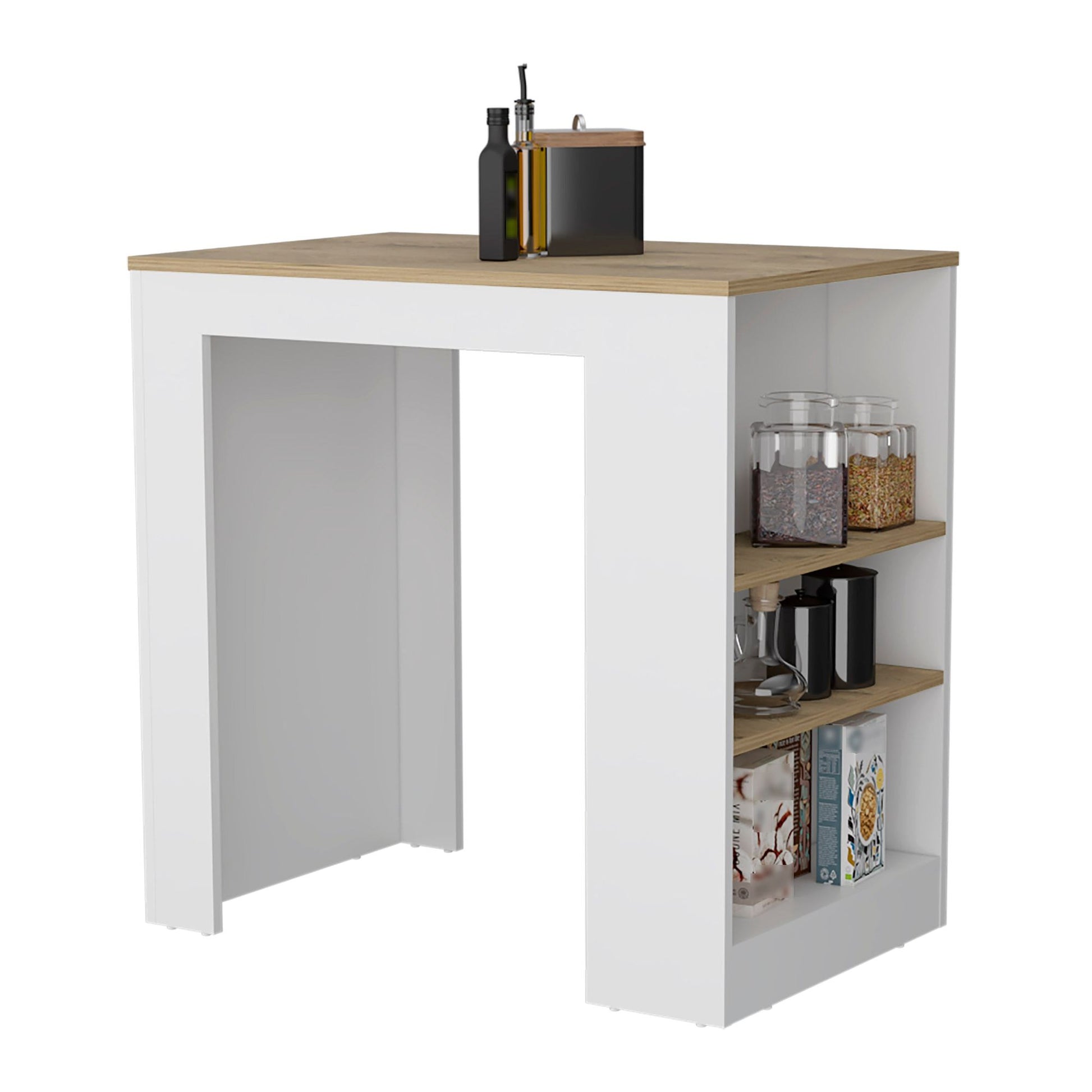 Kitchen Island, Kitchen Bar Table 36" H, with 3-Side Shelves, White / Macadamia image 2