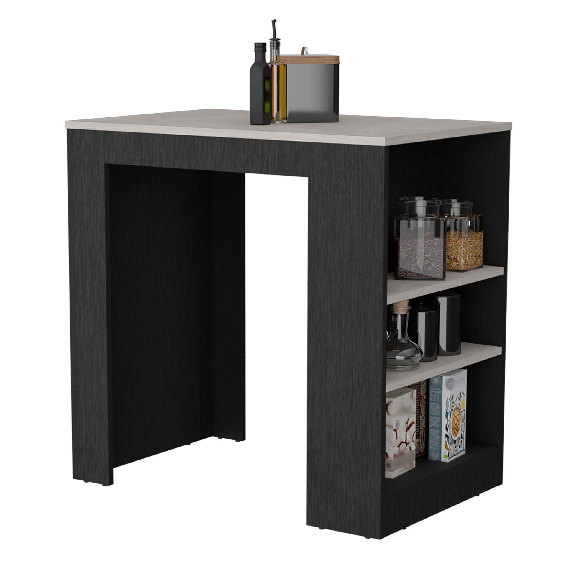 Kitchen Island, Kitchen Bar Table 36" H, with 3-Side Shelves, White, Wengue/ Ibiza Marble Color Finish image 2