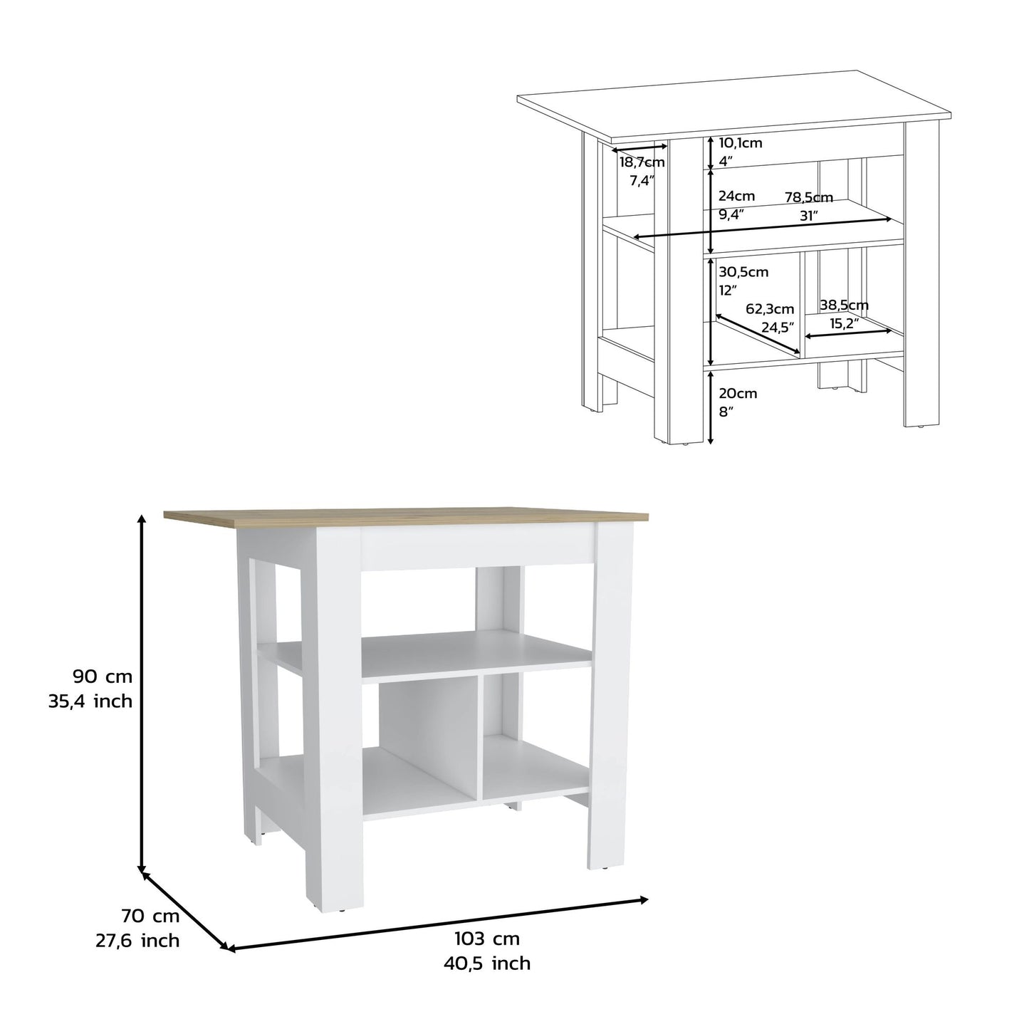 Kitchen Island, kitchen table 35" H, 3 Open Shelves, White/Macadamia image 6