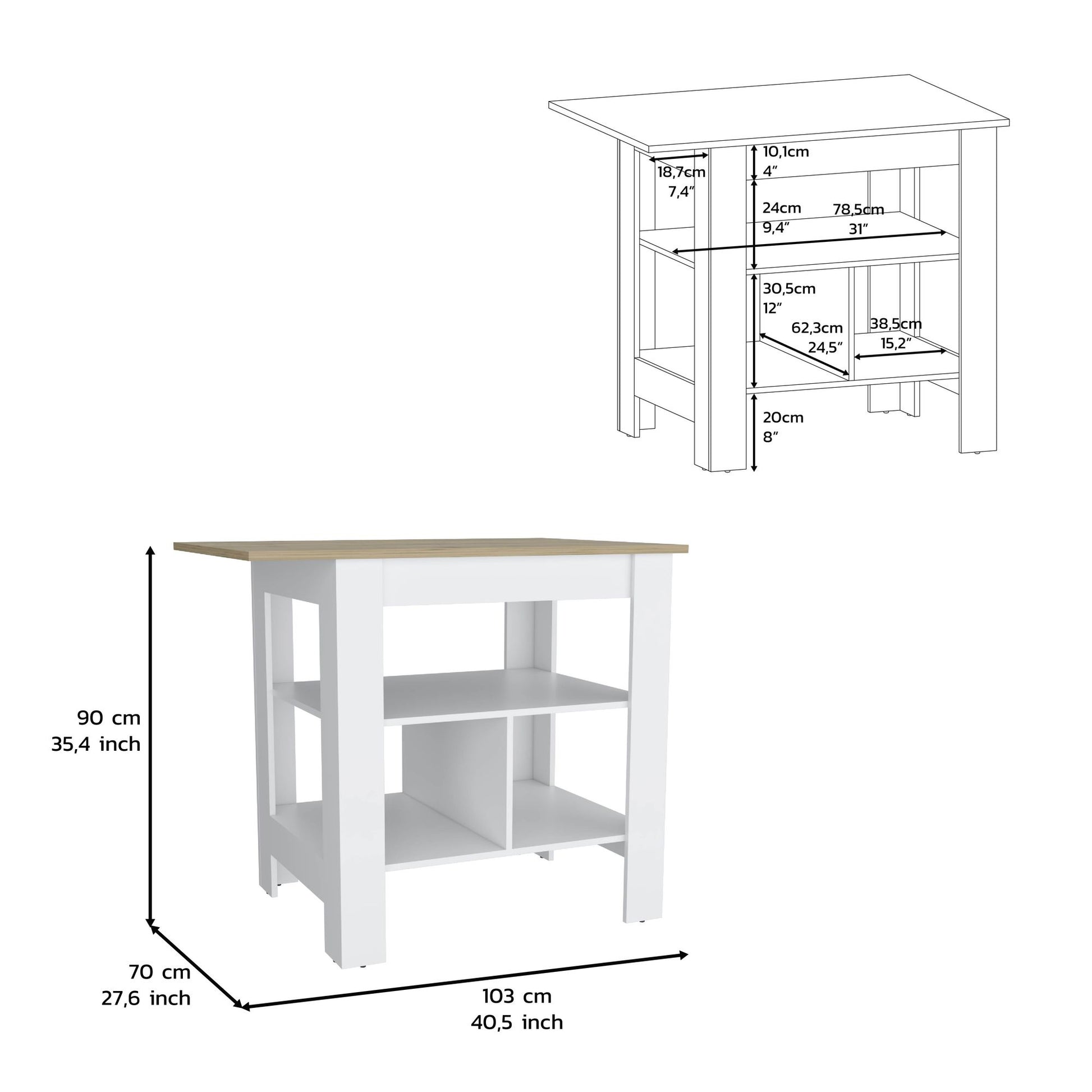 Kitchen Island, kitchen table 35" H, 3 Open Shelves, White/Macadamia image 6