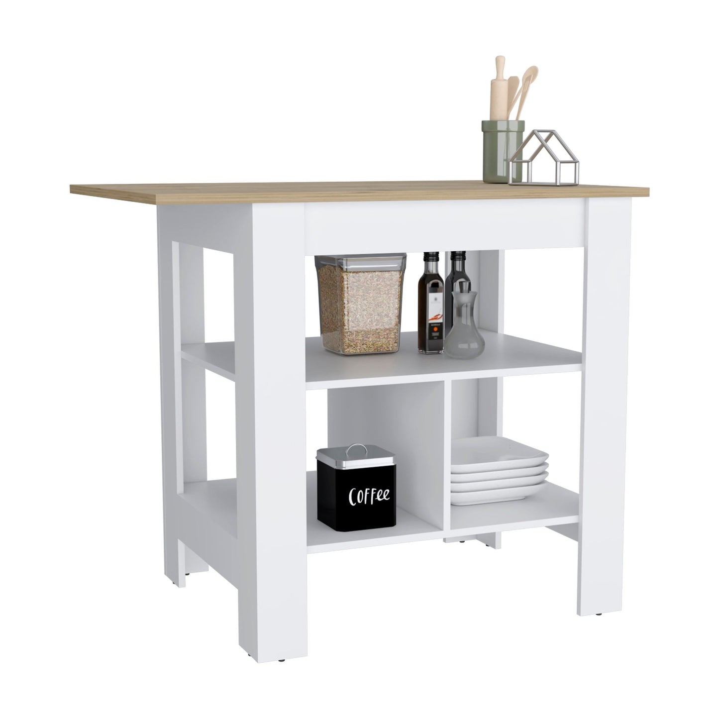 Kitchen Island, kitchen table 35" H, 3 Open Shelves, White/Macadamia image 2