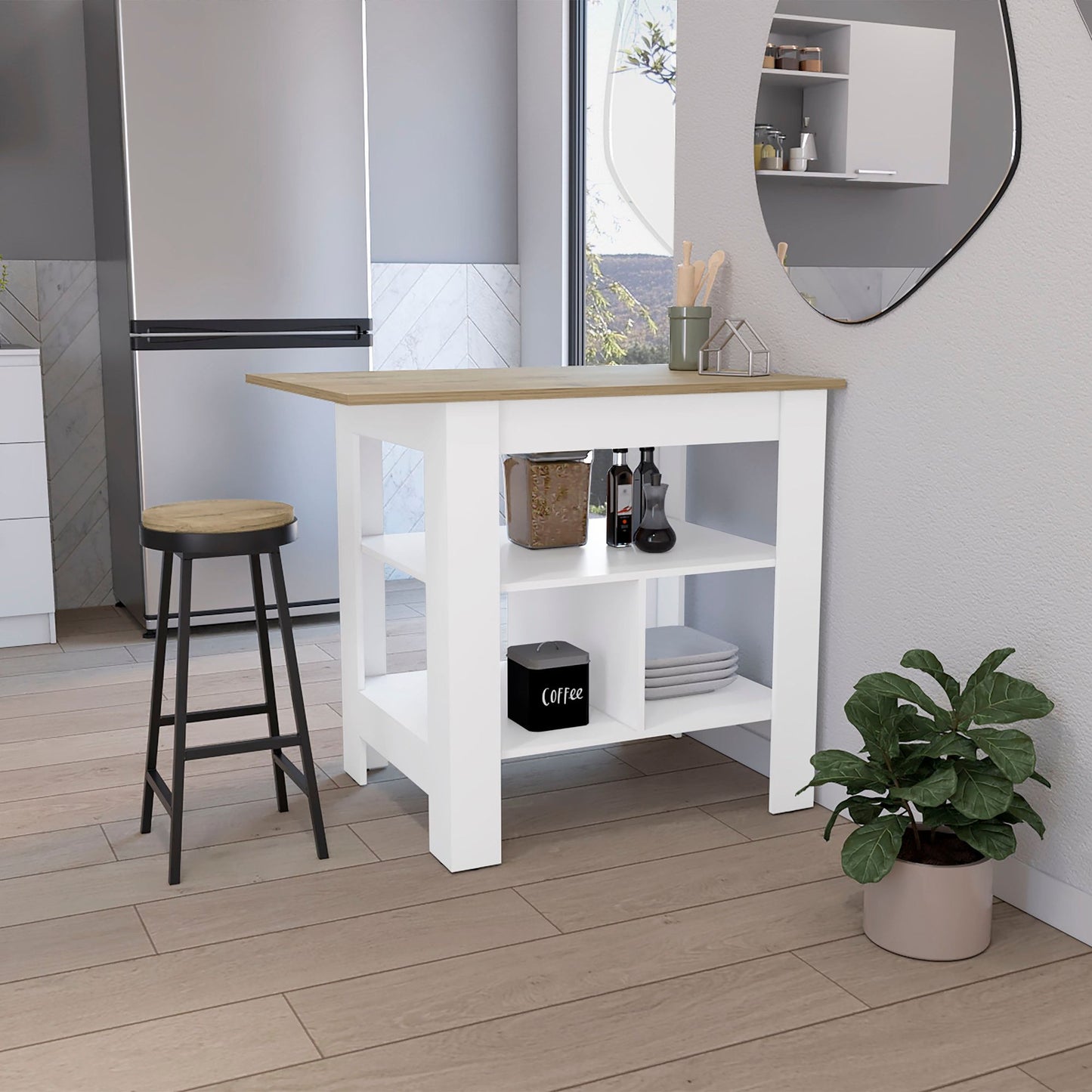 Kitchen Island, kitchen table 35" H, 3 Open Shelves, White/Macadamia image 1