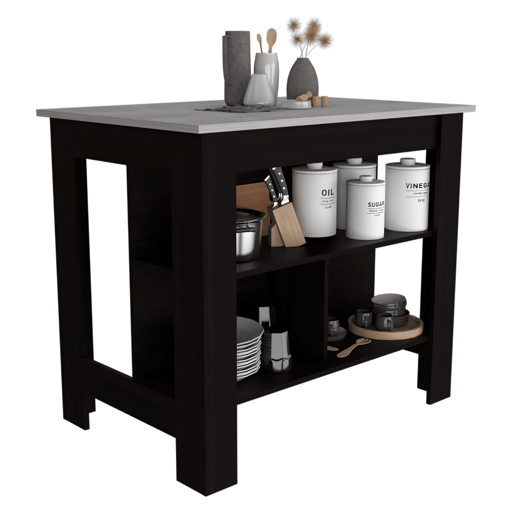 Kitchen Island, kitchen table 35" H, Four Legs, Three Open Storage Shelves, Black / Ibiza Marble Finish image 2
