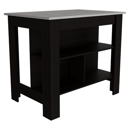 Kitchen Island, kitchen table 35" H, Four Legs, Three Open Storage Shelves, Black / Ibiza Marble Finish image 4