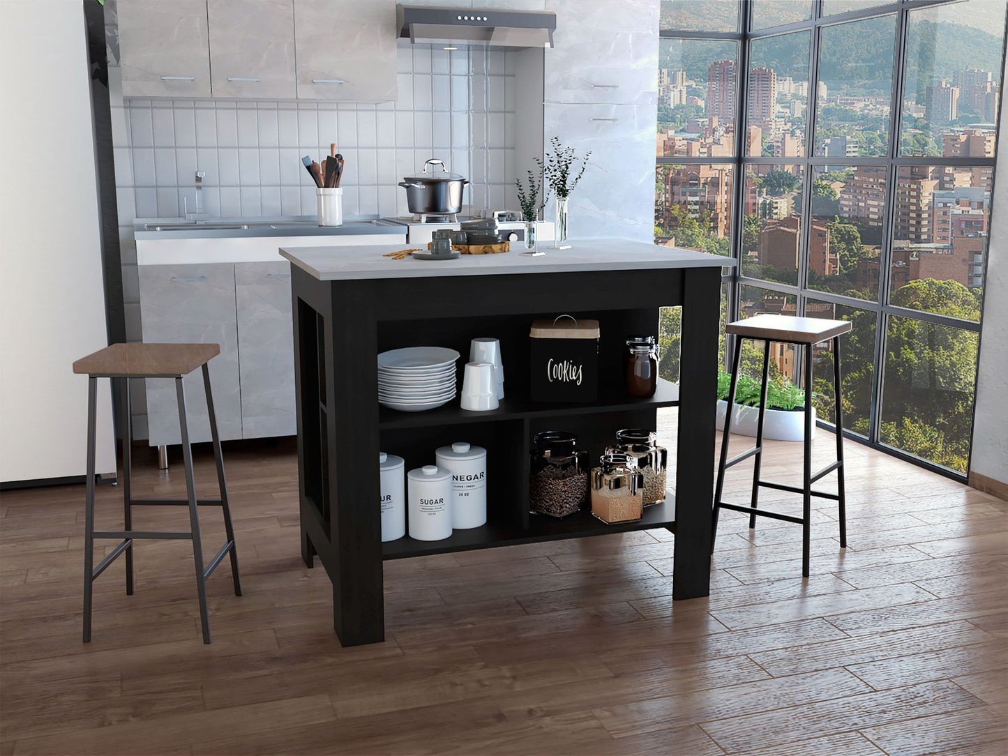 Kitchen Island, kitchen table 35" H, Four Legs, Three Open Storage Shelves, Black / Ibiza Marble Finish image 1