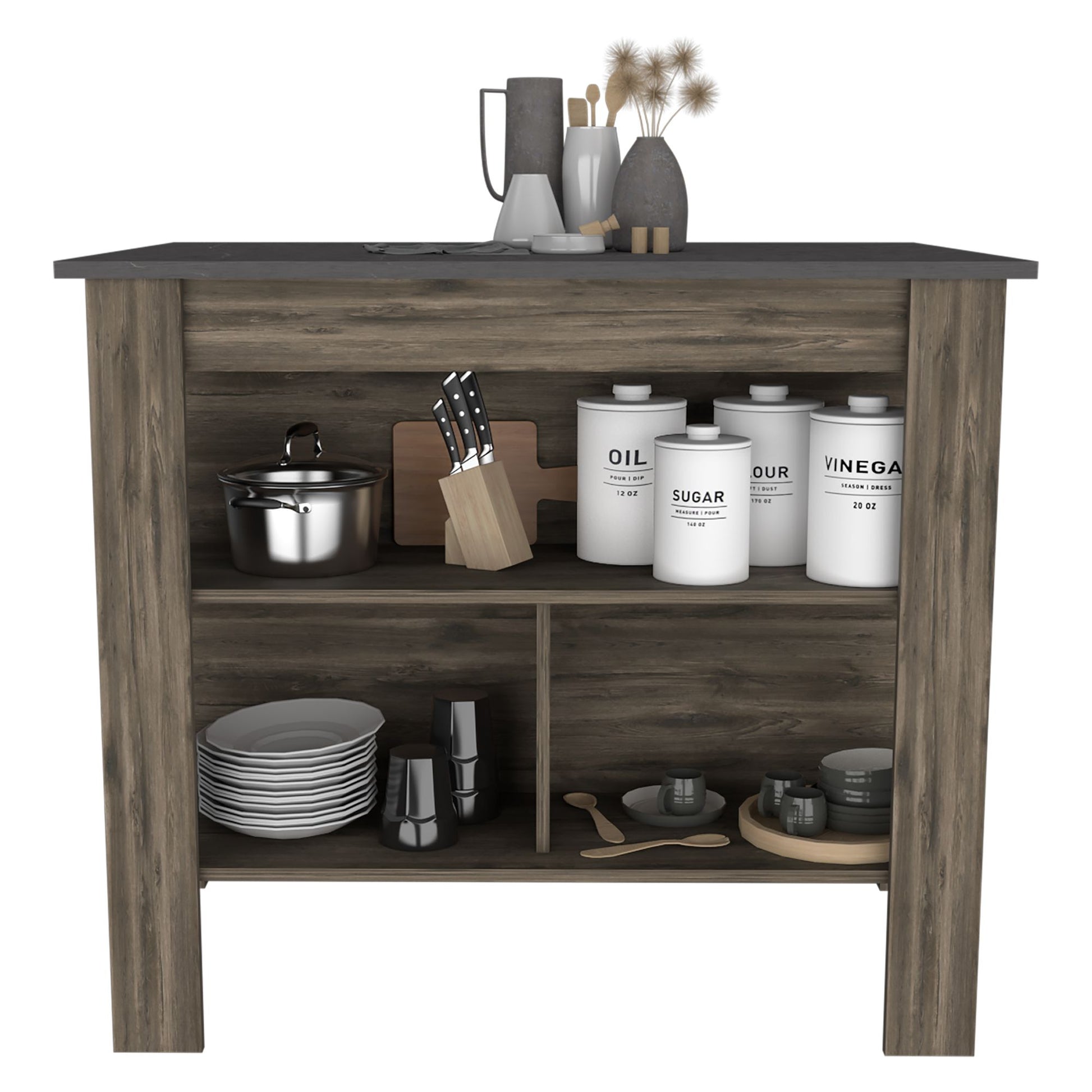 Kitchen Island, kitchen table 35" H, Four Legs, Three Open Storage Shelves, Dark Brown / Onix image 3