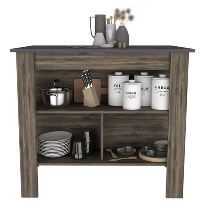 Kitchen Island, kitchen table 35" H, Four Legs, Three Open Storage Shelves, Dark Brown / Onix image 3