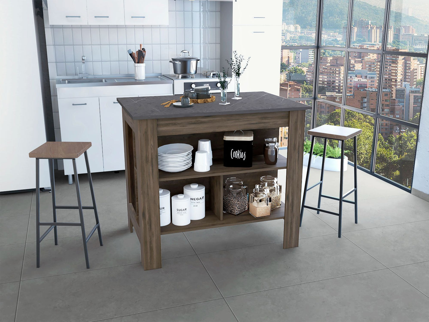 Kitchen Island, kitchen table 35" H, Four Legs, Three Open Storage Shelves, Dark Brown / Onix image 1