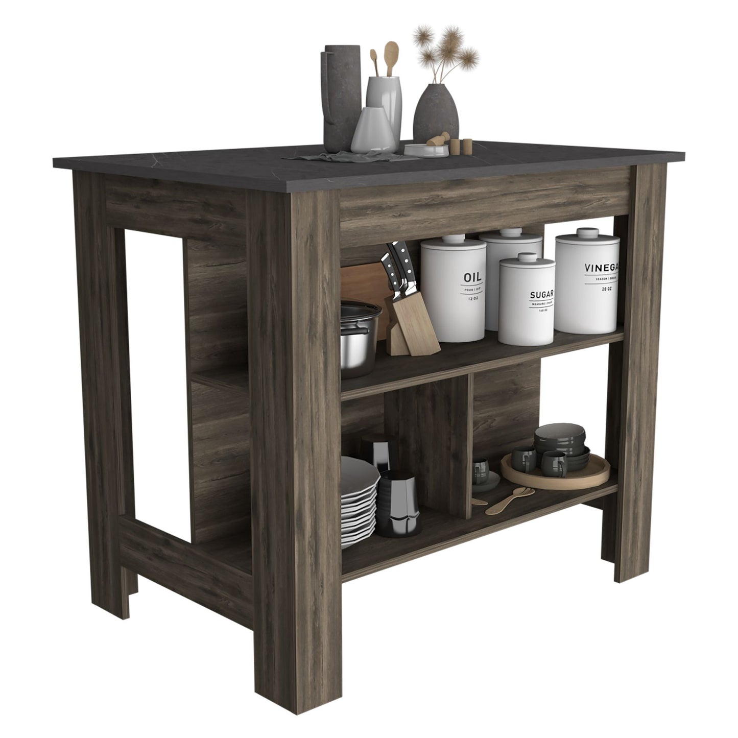 Kitchen Island, kitchen table 35" H, Four Legs, Three Open Storage Shelves, Dark Brown / Onix image 5