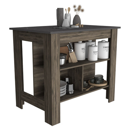 Kitchen Island, kitchen table 35" H, Four Legs, Three Open Storage Shelves, Dark Brown / Onix image 5