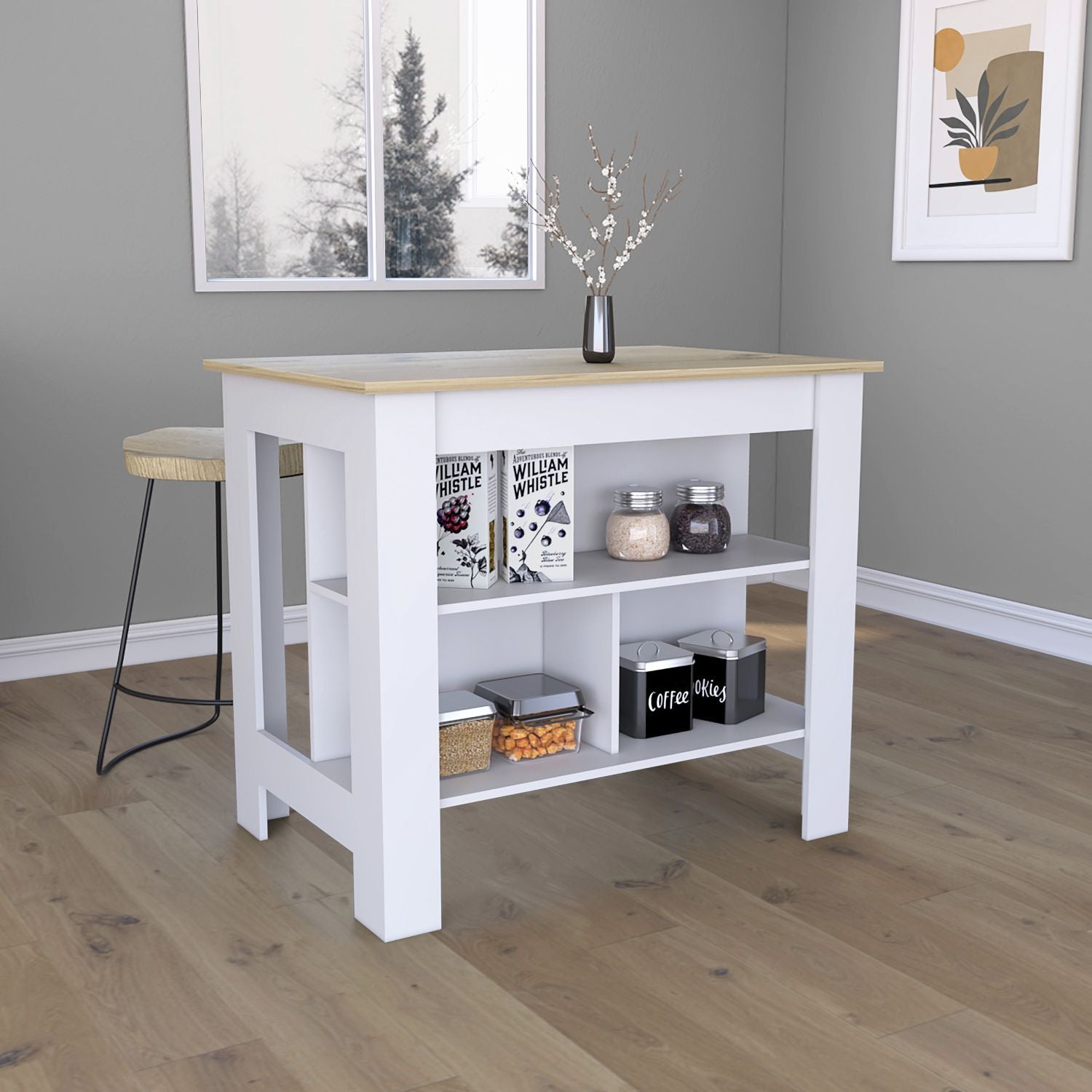 Kitchen Island, kitchen table 35" H, Four Legs, Three Open Storage Shelves, White / Light Oak image 1