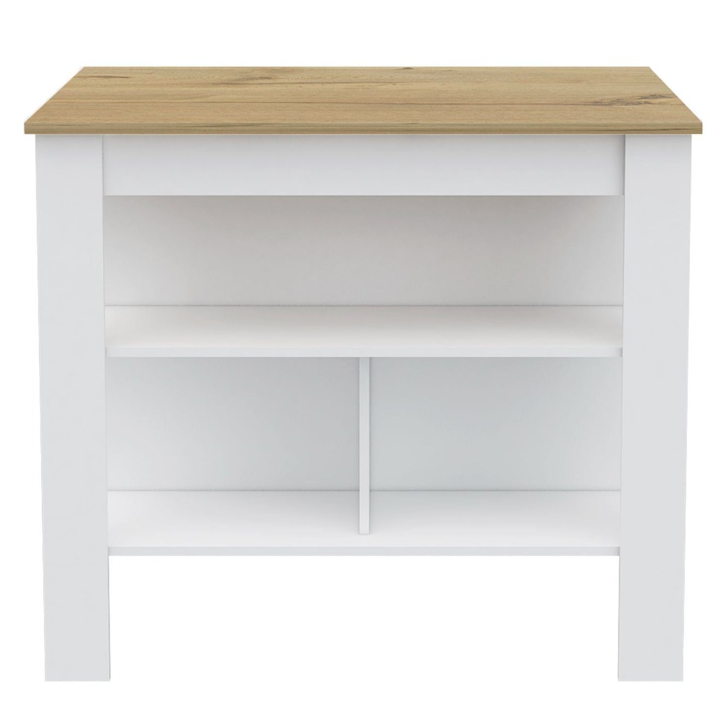 Kitchen Island, kitchen table 35" H, Four Legs, Three Open Storage Shelves, White / Light Oak image 3