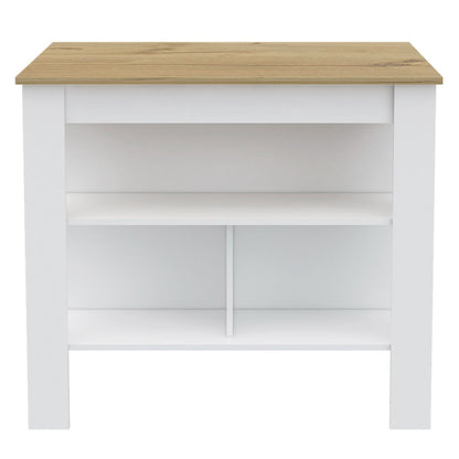 Kitchen Island, kitchen table 35" H, Four Legs, Three Open Storage Shelves, White / Light Oak image 3
