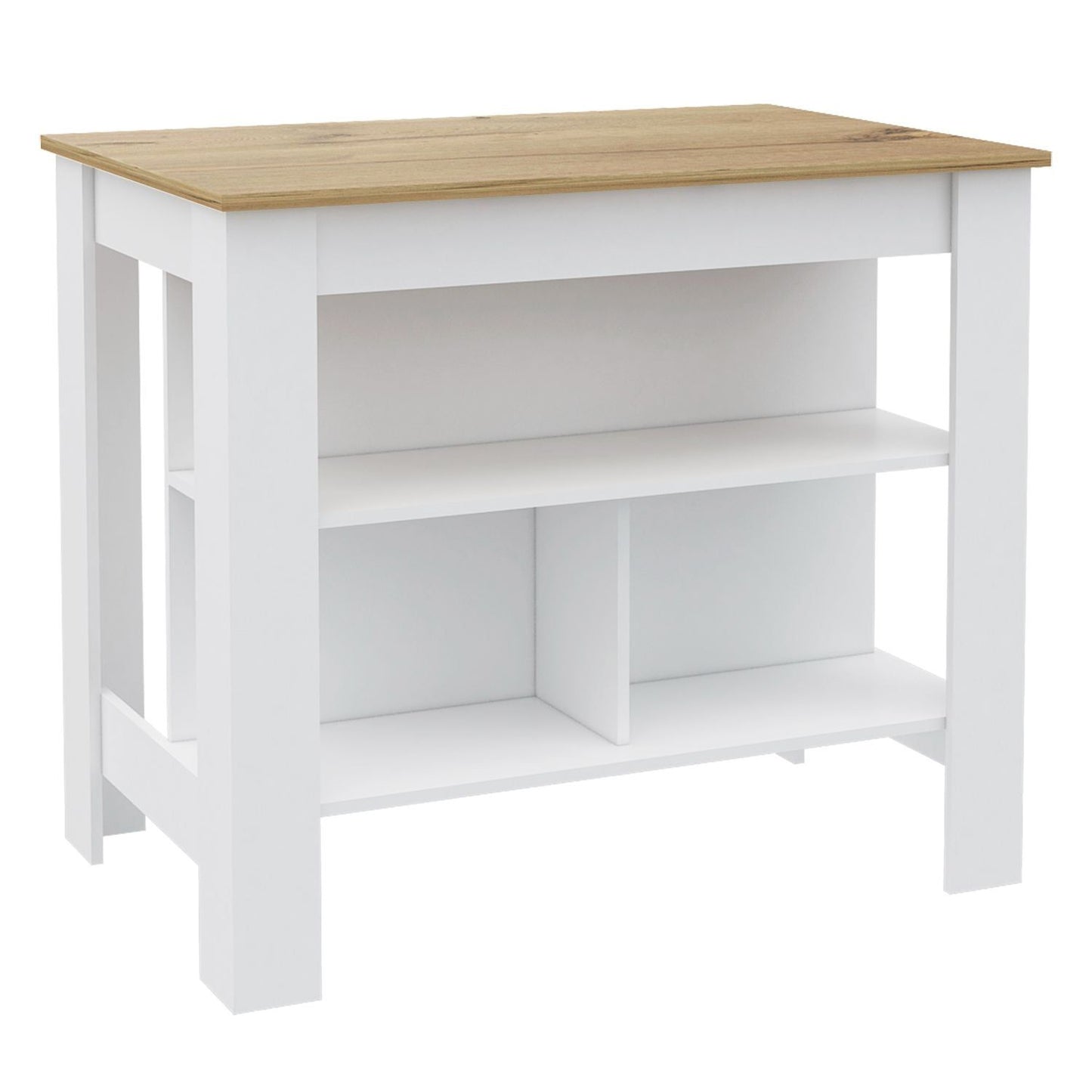 Kitchen Island, kitchen table 35" H, Four Legs, Three Open Storage Shelves, White / Light Oak image 2