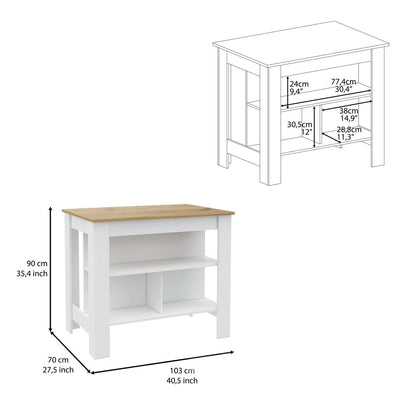 Kitchen Island, kitchen table 35" H, Four Legs, Three Open Storage Shelves, White / Light Oak image 5