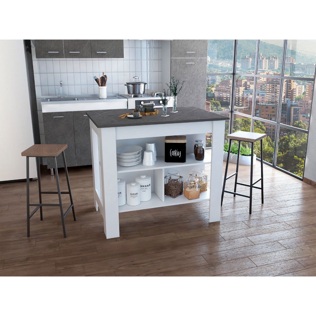 Kitchen Island, kitchen table 35" H, Four Legs, Three Open Storage Shelves, White / Onix image 2