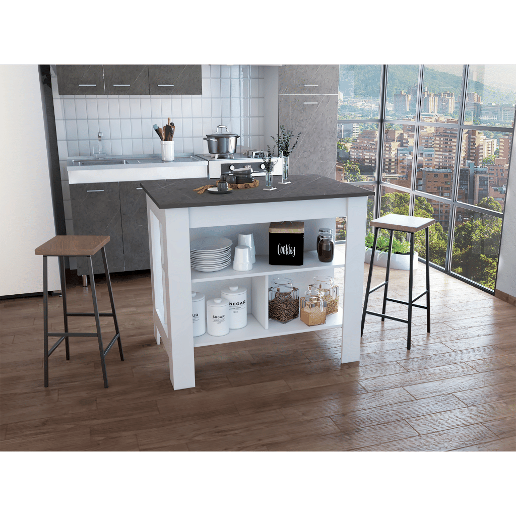 Kitchen Island, kitchen table 35" H, Four Legs, Three Open Storage Shelves, White / Onix image 1